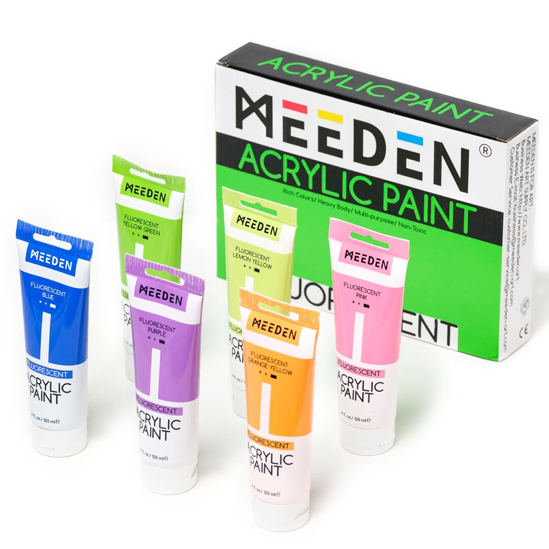 MEEDEN Fluorescent Acrylic Paint, 6 Colors Heavy Body Acrylic Paint, 120 ml/4.06 oz Tubes,Neon Paint, Acrylic Paint Set, Rich Pigments Non-Toxic Art Paints for Artists, Adults & Beginners